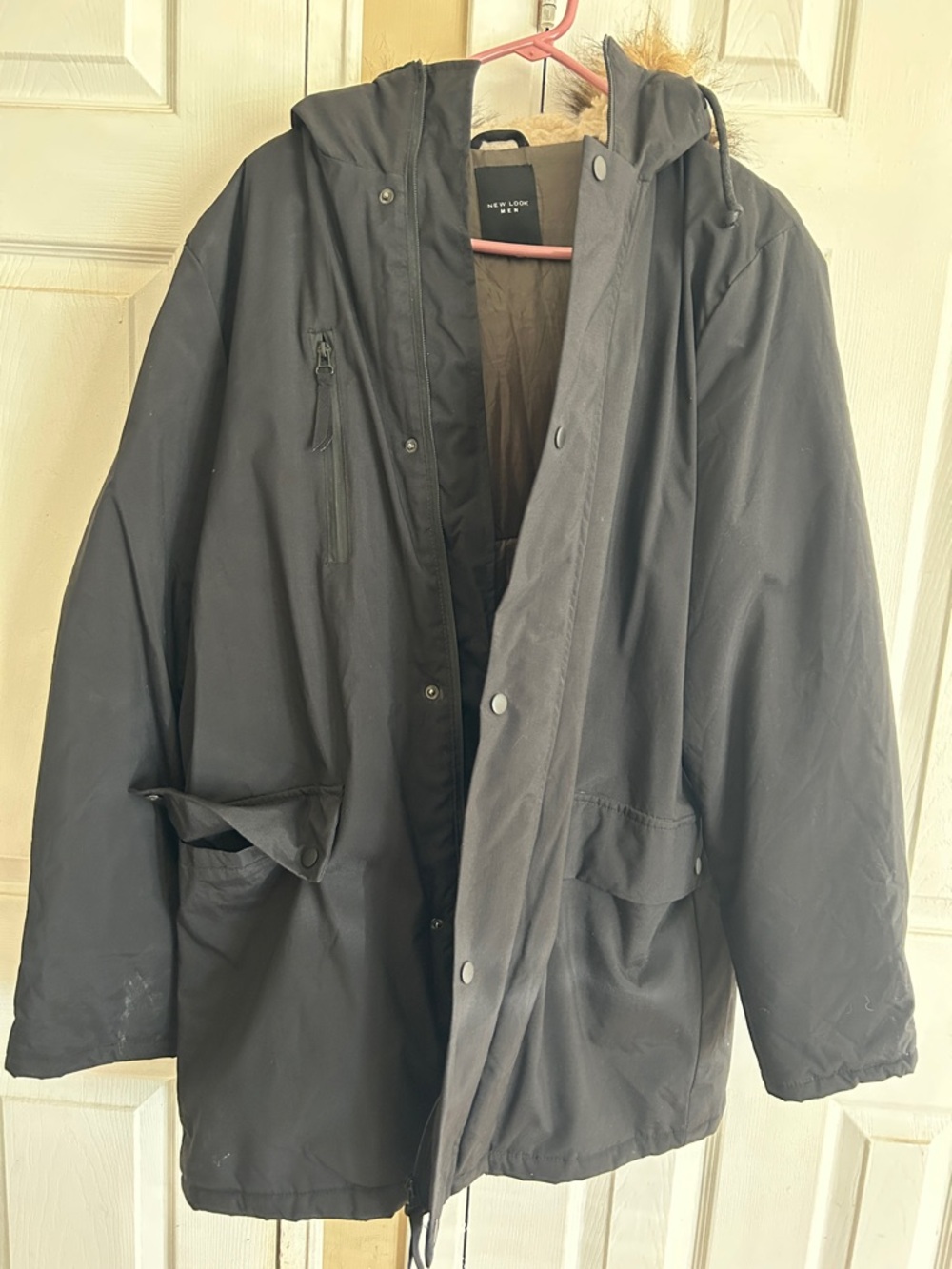 New Look Men's Black Hooded Puffer Coat with Fur Trim